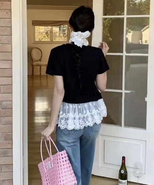 ammy.(エイミードット)の「【 ammy. / エイミードット 】 レースペプラム ドッキング Tシャツ(Tシャツ/カットソー・レディース・ブラック/ホワイト・FREE)」の5枚目の写真
