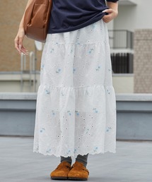 Chick | Floral Embroidery Lace Scallop Long Flare Tiered Skirt / 花刺繍 レース スカラップ ロング フレア ティアード スカート 小花柄 レディース 2026年 夏 夏服(スカート)