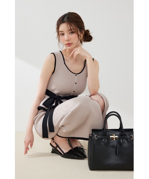 セール】ノースリ配色ペプラムタイトニットワンピース 夏服