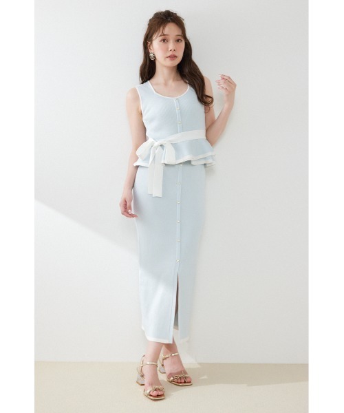 rienda(リエンダ)の「ノースリ配色ペプラムタイトニットワンピース 夏服 秋服(ワンピース・レディース・ブラック/ライトブルー/ベージュ・FREE)」の1枚目の写真