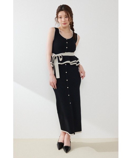 rienda(リエンダ)の「ノースリ配色ペプラムタイトニットワンピース 夏服 秋服(ワンピース・レディース・ブラック/ライトブルー/ベージュ・FREE)」の4枚目の写真
