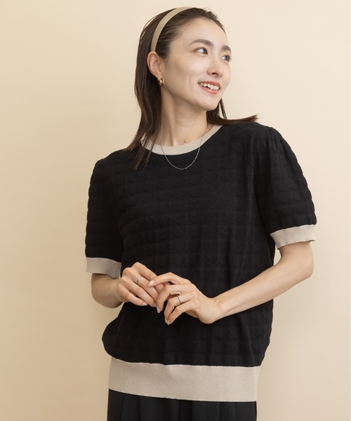lodie（ロディ）の「ハートジャガード バイカラー半袖ニット（ニット/セーター・レディース・ブラウン/ブラック・FREE）」の2枚目の写真