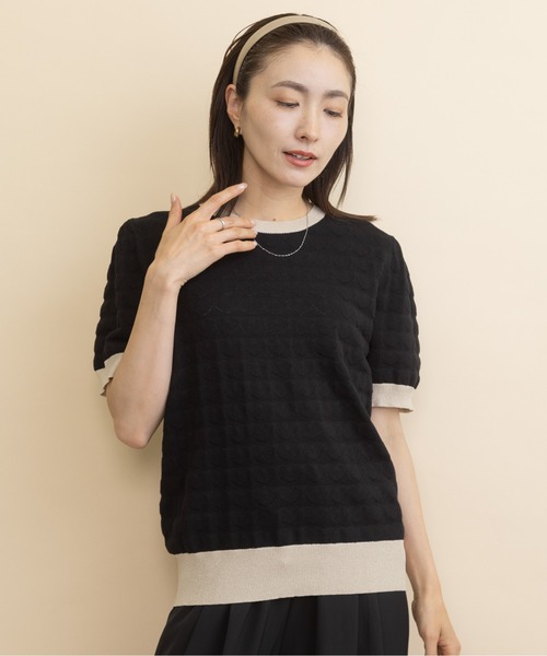 lodie（ロディ）の「ハートジャガード バイカラー半袖ニット（ニット/セーター・レディース・ブラウン/ブラック・FREE）」の5枚目の写真
