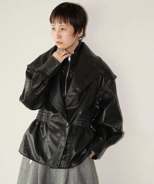 chuclla(チュクラ)の「ビッグカラー フェイクレザーブルゾン chw26a063(ライダースジャケット・レディース・ブラック・FREE)」の2枚目の写真