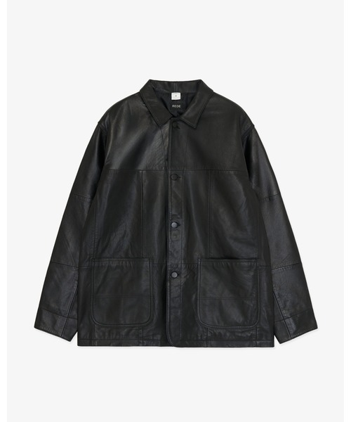 FRONT 11201(フロントワンワントゥーオーワン)の「REDE Remake Leather Chore Coat(カバーオール・メンズ・ブラック・M/S/L)」の1枚目の写真