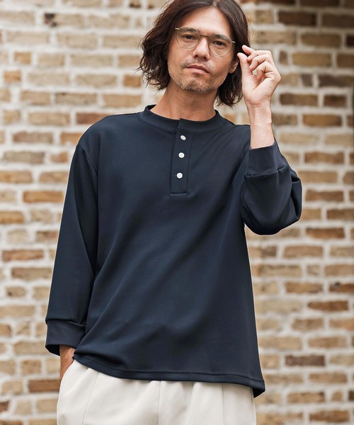 CAMBIO(カンビオ)の「mlt5876- ポンチ7分袖ヘンリーネックカットソー(BP-BFA0161)(Tシャツ/カットソー・メンズ・ホワイト/ブラック/ネイビー/グレー・S/M/L)」の4枚目の写真