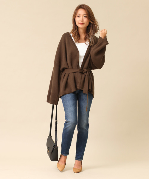 Gready Brilliant（グレディブリリアン）の「ウエストベルト 袖ワイドニットカーデ（カーディガン/ボレロ・レディース・ブラウン/グレイッシュベージュ/ブラック・FREE）」の7枚目の写真