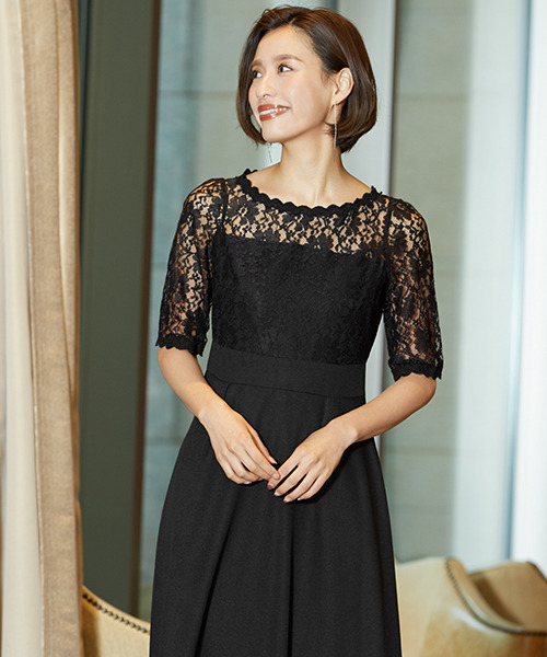 GIRL(ガール)の「レース切替え七分袖ロングフレア結婚式ワンピース - 二次会・成人式・同窓会・謝恩会・お呼ばれ対応フォーマルパーティードレス(ドレス)」|ブラック