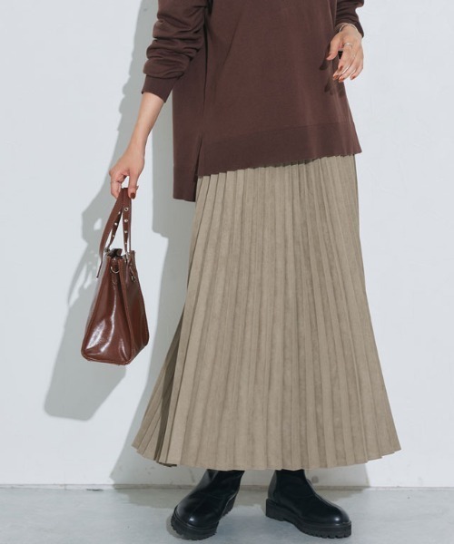 Cen. スウェード　タッチ　スカート　ブルー ドゥー ベル Doux Belle 広がっていくリネンタッチマキシ丈スカート