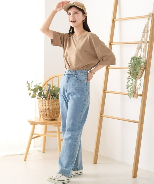 セール】綿麻カット ポケット付きラウンドヘム半袖Tシャツ（T