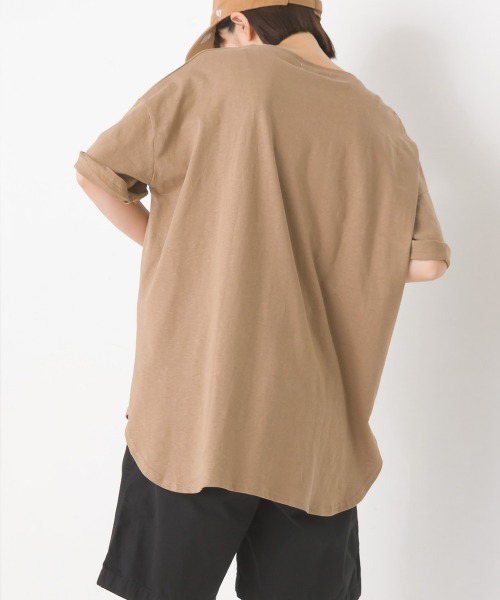 セール】綿麻カット ポケット付きラウンドヘム半袖Tシャツ（T