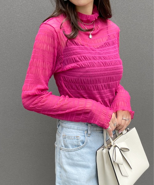 StyleSea（スタイルシー）の「ハイネックレースシアートップス（Tシャツ/カットソー・レディース・ホワイト/ブラック/ラベンダー/グレイッシュブルー/ブラウン/ブルー/グリーン/パープル/ブラック系/グレー/ピンク/モスグリーン/アイボリー・FREE/MEDIUM）」の13枚目の写真