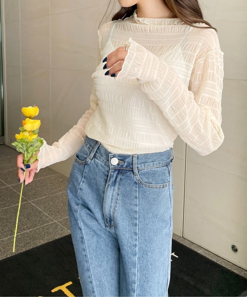 StyleSea（スタイルシー）の「ハイネックレースシアートップス（Tシャツ/カットソー・レディース・ホワイト/ブラック/ラベンダー/グレイッシュブルー/ブラウン/ブルー/グリーン/パープル/ブラック系/グレー/ピンク/モスグリーン/アイボリー・FREE/MEDIUM）」の18枚目の写真