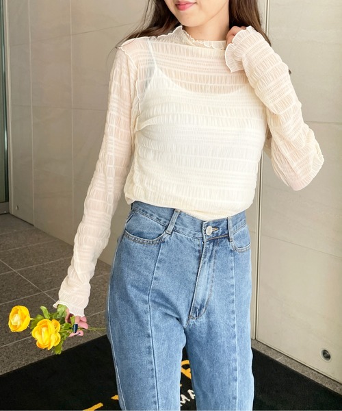 StyleSea（スタイルシー）の「ハイネックレースシアートップス（Tシャツ/カットソー・レディース・ホワイト/ブラック/ラベンダー/グレイッシュブルー/ブラウン/ブルー/グリーン/パープル/ブラック系/グレー/ピンク/モスグリーン/アイボリー・FREE/MEDIUM）」の17枚目の写真