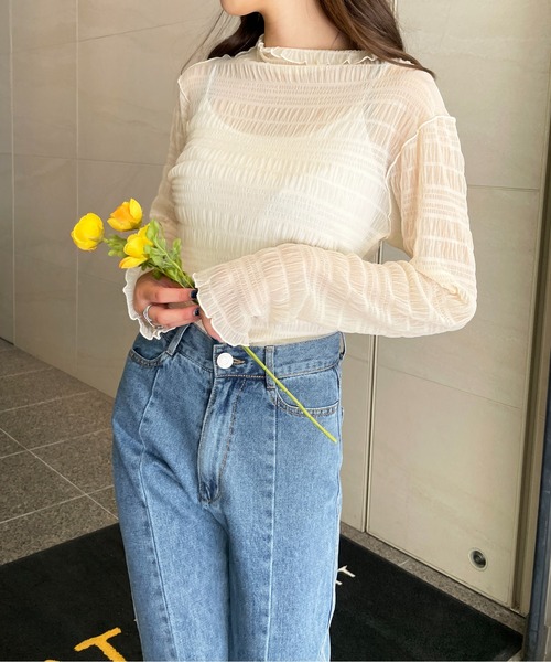 StyleSea（スタイルシー）の「ハイネックレースシアートップス（Tシャツ/カットソー・レディース・ホワイト/ブラック/ラベンダー/グレイッシュブルー/ブラウン/ブルー/グリーン/パープル/ブラック系/グレー/ピンク/モスグリーン/アイボリー・FREE/MEDIUM）」の19枚目の写真