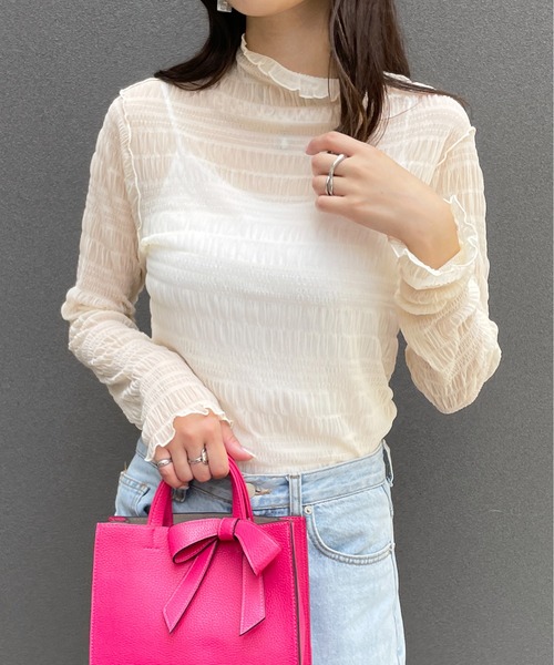 StyleSea（スタイルシー）の「ハイネックレースシアートップス（Tシャツ/カットソー・レディース・ホワイト/ブラック/ラベンダー/グレイッシュブルー/ブラウン/ブルー/グリーン/パープル/ブラック系/グレー/ピンク/モスグリーン/アイボリー・FREE/MEDIUM）」の14枚目の写真