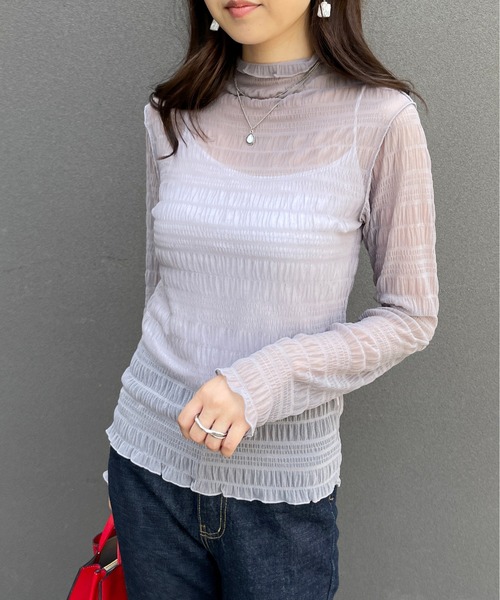 StyleSea（スタイルシー）の「ハイネックレースシアートップス（Tシャツ/カットソー・レディース・ホワイト/ブラック/ラベンダー/グレイッシュブルー/ブラウン/ブルー/グリーン/パープル/ブラック系/グレー/ピンク/モスグリーン/アイボリー・FREE/MEDIUM）」の15枚目の写真