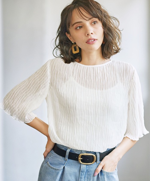 ５分袖シフォンプリーツブラウス