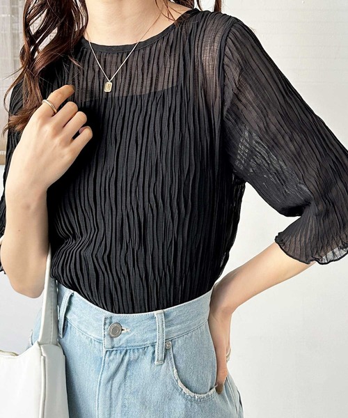 ５分袖シフォンプリーツブラウス