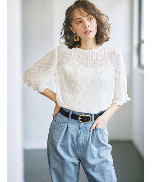 ５分袖シフォンプリーツブラウス