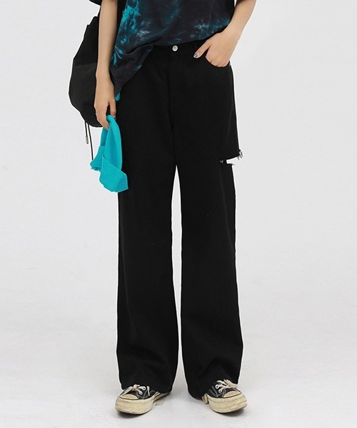 【DO NOT TAG】Side cutting damage wide denim pants NZK02421