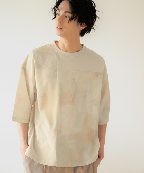 UNSTUDIED（アンスタディード）の「[UNSTUDIED]マーブルプリントコンビＴシャツ（Tシャツ/カットソー・メンズ・ライトブルー/ベージュ・MEDIUM/LARGE）」の2枚目の写真