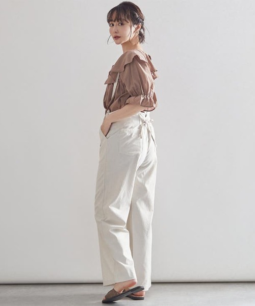 STYLEBLOCK（スタイルブロック）の「コットンリネンサスペンダー付きバックレースアップワイドパンツ（その他パンツ・レディース・チャコールグレー/サンドベージュ/ライトカーキ/ブルー/ホワイト系その他・FREE）」の2枚目の写真