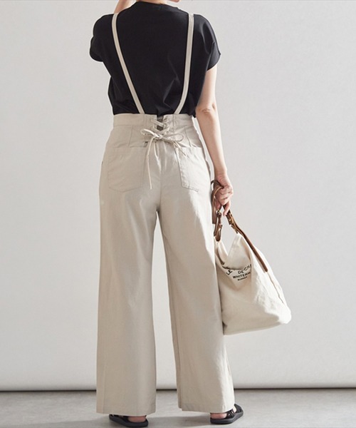 STYLEBLOCK（スタイルブロック）の「コットンリネンサスペンダー付きバックレースアップワイドパンツ（その他パンツ・レディース・チャコールグレー/サンドベージュ/ライトカーキ/ブルー/ホワイト系その他・FREE）」の13枚目の写真
