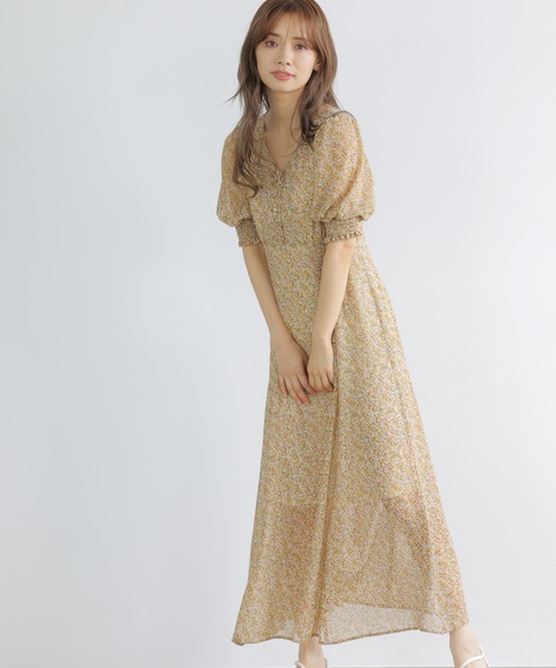 マキシワンピース ロングワンピース 半袖 Vネック フラワー 花柄