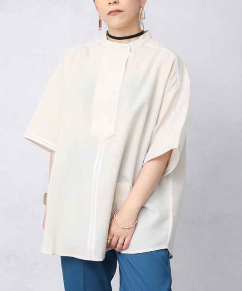 ap retro（アプレトロ）の「テープ使いスキッパーシャツ【ZOZO限定アイテム】（シャツ/ブラウス・レディース・アイボリー/ブラック/グレイッシュベージュ・FREE）」の7枚目の写真