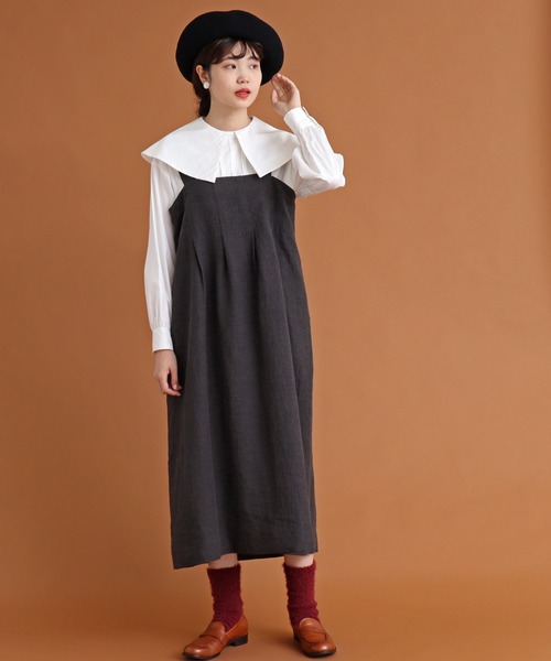 Malle（マル）の「malle　リネン/ウール　ジャンパースカート（ジャンパースカート・レディース・チャコールグレー/モカ・FREE）」の4枚目の写真