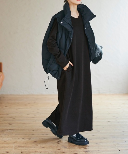 長さ選べるふんわり裏起毛Vネックマキシワンピース（ワンピース