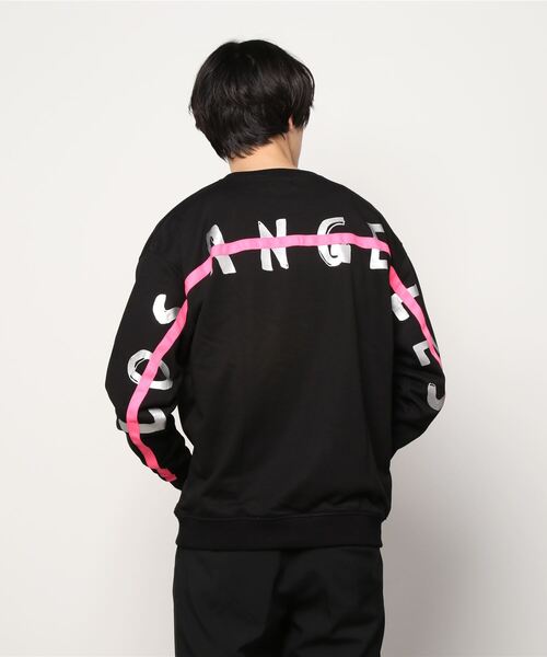 【人気デザイン】ハフ★バックビッグロゴ スウェット ゆるだぼ ブラック 美品 セール】バックロゴ 蛍光ラインテープ スウェット（スウェット
