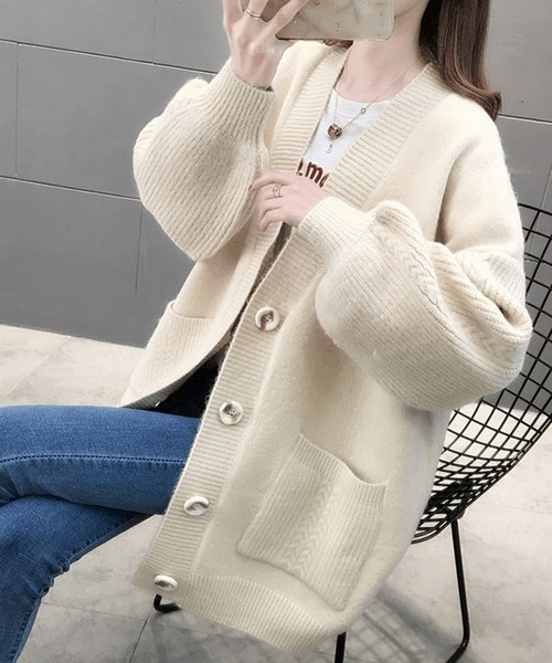 shopnikoniko(ショップニコニコ)の「ボリューム袖 ニットカーディガン(カーディガン/ボレロ・レディース・ホワイト/ベージュ/グリーン・フリー)」の4枚目の写真