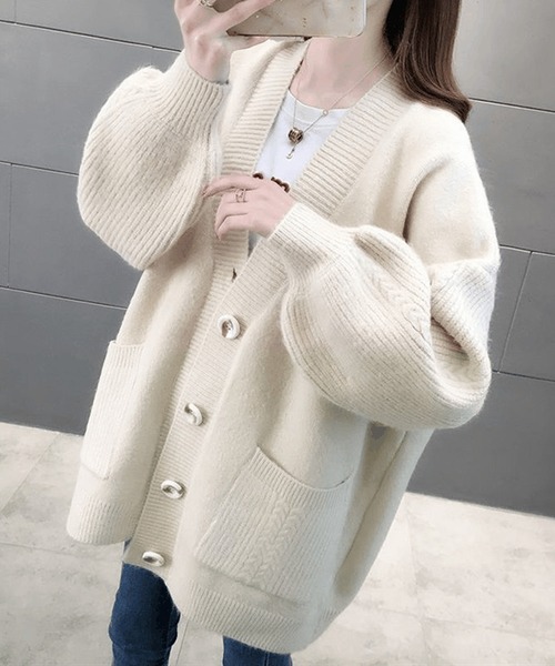 shopnikoniko(ショップニコニコ)の「ボリューム袖 ニットカーディガン(カーディガン/ボレロ・レディース・ホワイト/ベージュ/グリーン・フリー)」の6枚目の写真