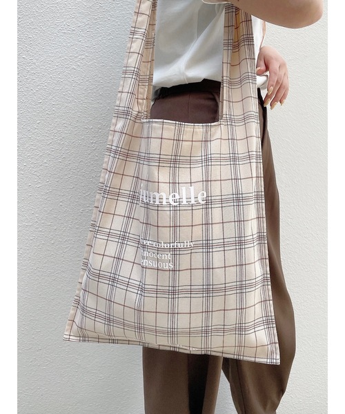 JUMELLE（ジュメロ）の「リボンチェックトート（トートバッグ・レディース・ベージュ/チャコールグレー・FREE）」の2枚目の写真