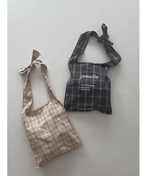 JUMELLE（ジュメロ）の「リボンチェックトート（トートバッグ・レディース・ベージュ/チャコールグレー・FREE）」の14枚目の写真