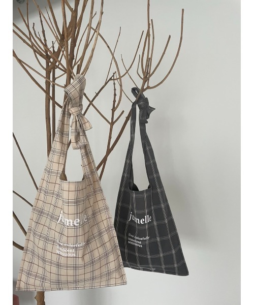 JUMELLE（ジュメロ）の「リボンチェックトート（トートバッグ・レディース・ベージュ/チャコールグレー・FREE）」の18枚目の写真