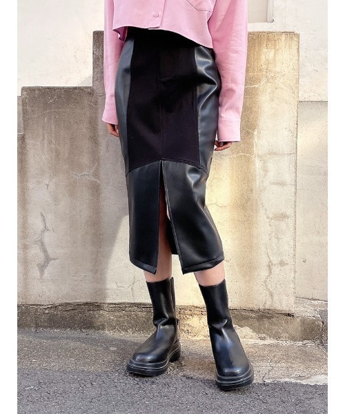 ENVYM（アンビー）の「レザーコンビミディアムＳＫ（スカート・レディース・ブラック・FREE）」の2枚目の写真