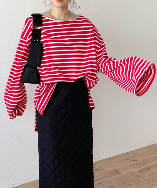 wee9s(ウィークス)の「wide sleeve over size border tee / ワイドスリーブオーバーサイズボーダーティー(Tシャツ/カットソー・レディース・ネイビー/ブラウン/ブルー/グリーン/ブラック/レッド/カーキ/チェリーレッド/クリアブラック/ブルー系その他/チェリーピンク/ピンク/オレンジ・FREE/SHORT)」の11枚目の写真