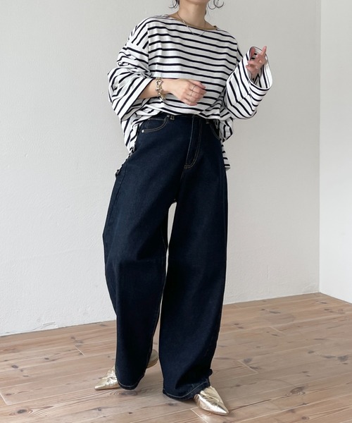 wee9s(ウィークス)の「wide sleeve over size border tee / ワイドスリーブオーバーサイズボーダーティー(Tシャツ/カットソー・レディース・ネイビー/ブラウン/ブルー/グリーン/ブラック/レッド/カーキ/チェリーレッド/クリアブラック/ブルー系その他/チェリーピンク/ピンク/オレンジ・FREE/SHORT)」の21枚目の写真