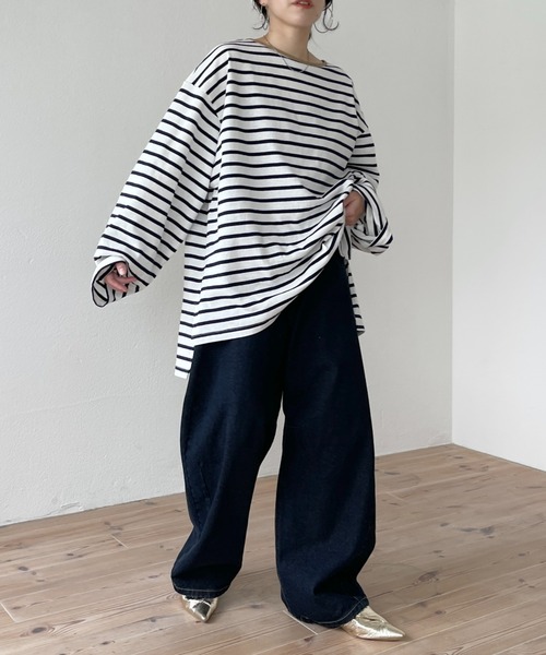 tシャツ BORDER SHORT OVER TEE レディース wide sleeve over size border tee / ワイドスリーブオーバー