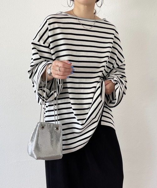 wide sleeve over size border tee / black×silver [SHORT or
