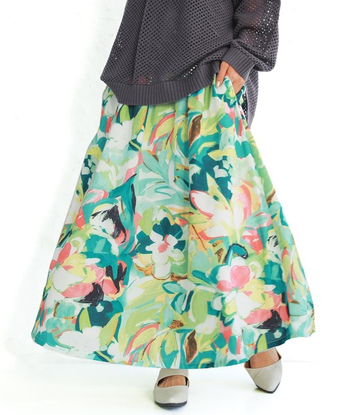 osharewalker（オシャレウォーカー）の「【廃盤】『ペイントタッチフレアスカート』（スカート・レディース・ブラウン/グリーン・FREE）」の2枚目の写真