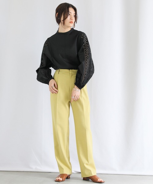 2022 SS ノーカラーボリューム切替レースブラウス（シャツ/ブラウス