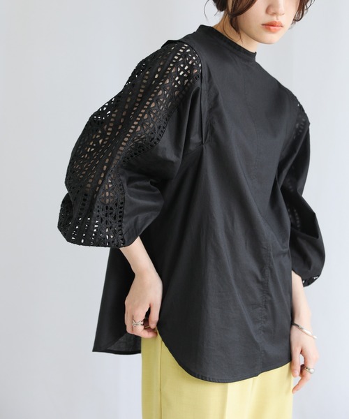 2022 SS ノーカラーボリューム切替レースブラウス（シャツ/ブラウス