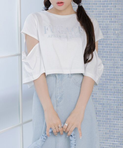 ems excite（エムズエキサイト）の「肩あきロゴ刺繍Tee（Tシャツ/カットソー・レディース・チャコールグレー/オフホワイト/ブルー・FREE）」の2枚目の写真