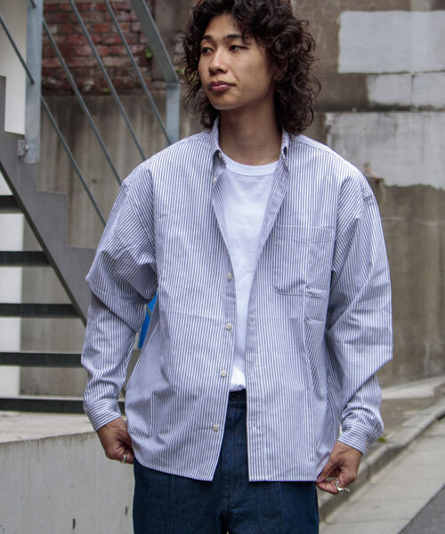 GLOSTER(グロスター)の「【GLOSTER/グロスター】オックスオーバーシャツ ボタンダウンストライプシャツ(シャツ/ブラウス・メンズ・グレー系その他/ベージュ系その他/グリーン系その他/ブルー系その他・S/M/L)」の2枚目の写真