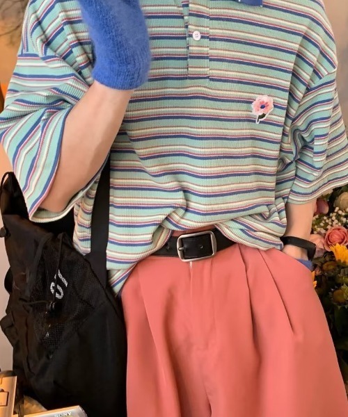 MGV（エムジーヴィー）の「マルチボーダーフラワーポロシャツ（ポロシャツ・メンズ・グリーン/ブルー・MEDIUM/LARGE/X-LARGE）」の4枚目の写真