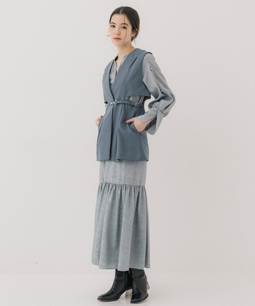 PUBLIC TOKYO(パブリックトウキョウ)の「パウダーツイルベルテッドジレ(ノーカラージャケット・レディース・ダークグレー/ベージュ/ブルー・FREE)」の21枚目の写真